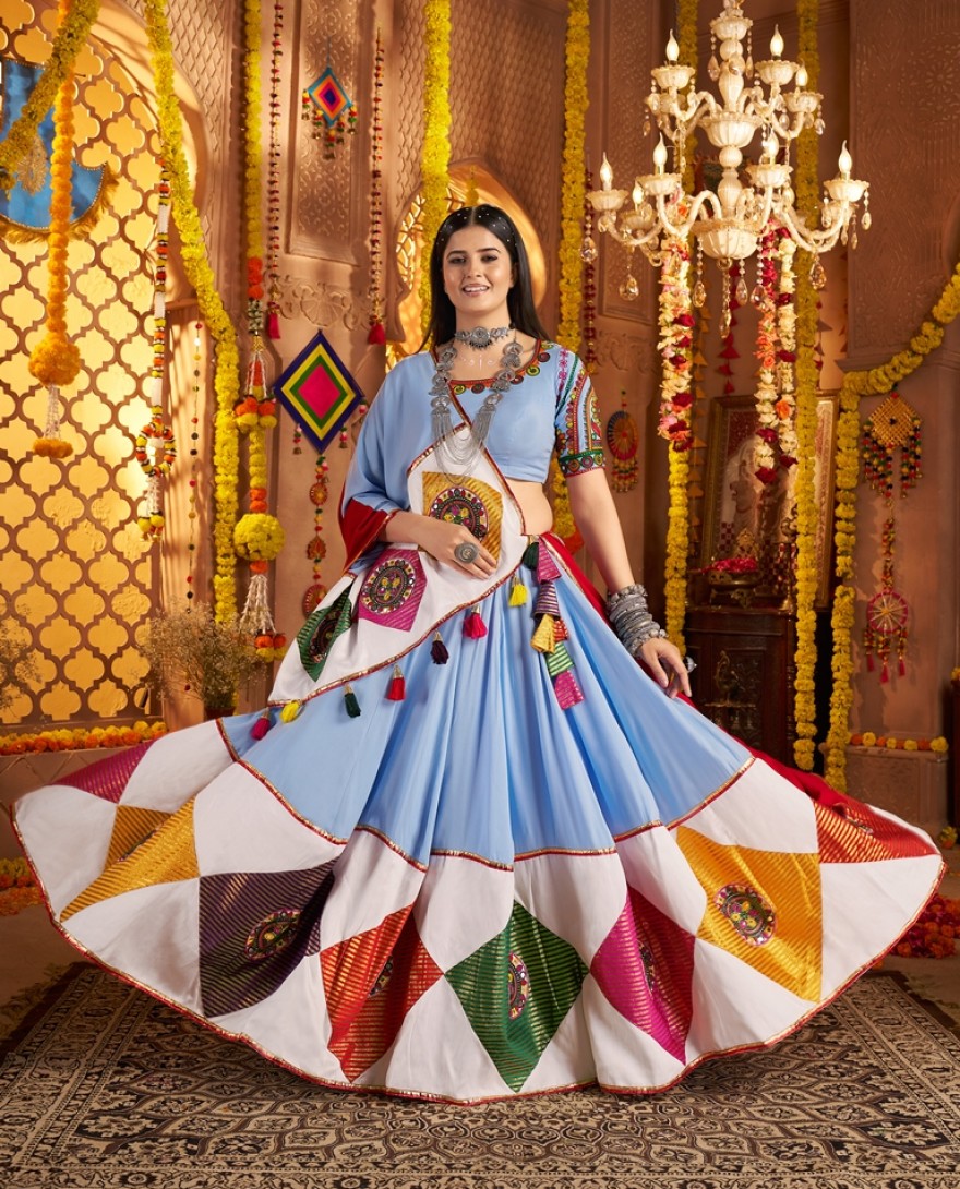 11041-blue - Garba Elegance in Light Blue Patchwork Splendor